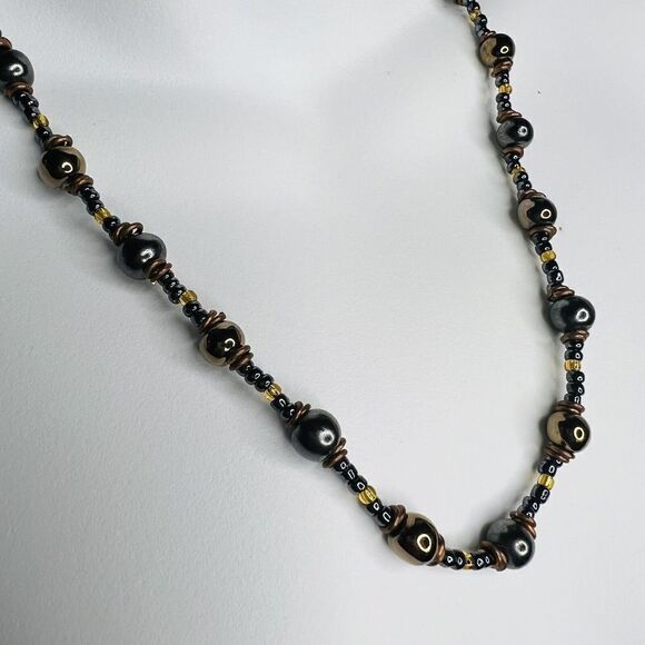 STUNNING Vintage Faux Pearl Black Brown Yellow Tone Beaded Beads Necklace 4021 - Picture 5 of 11